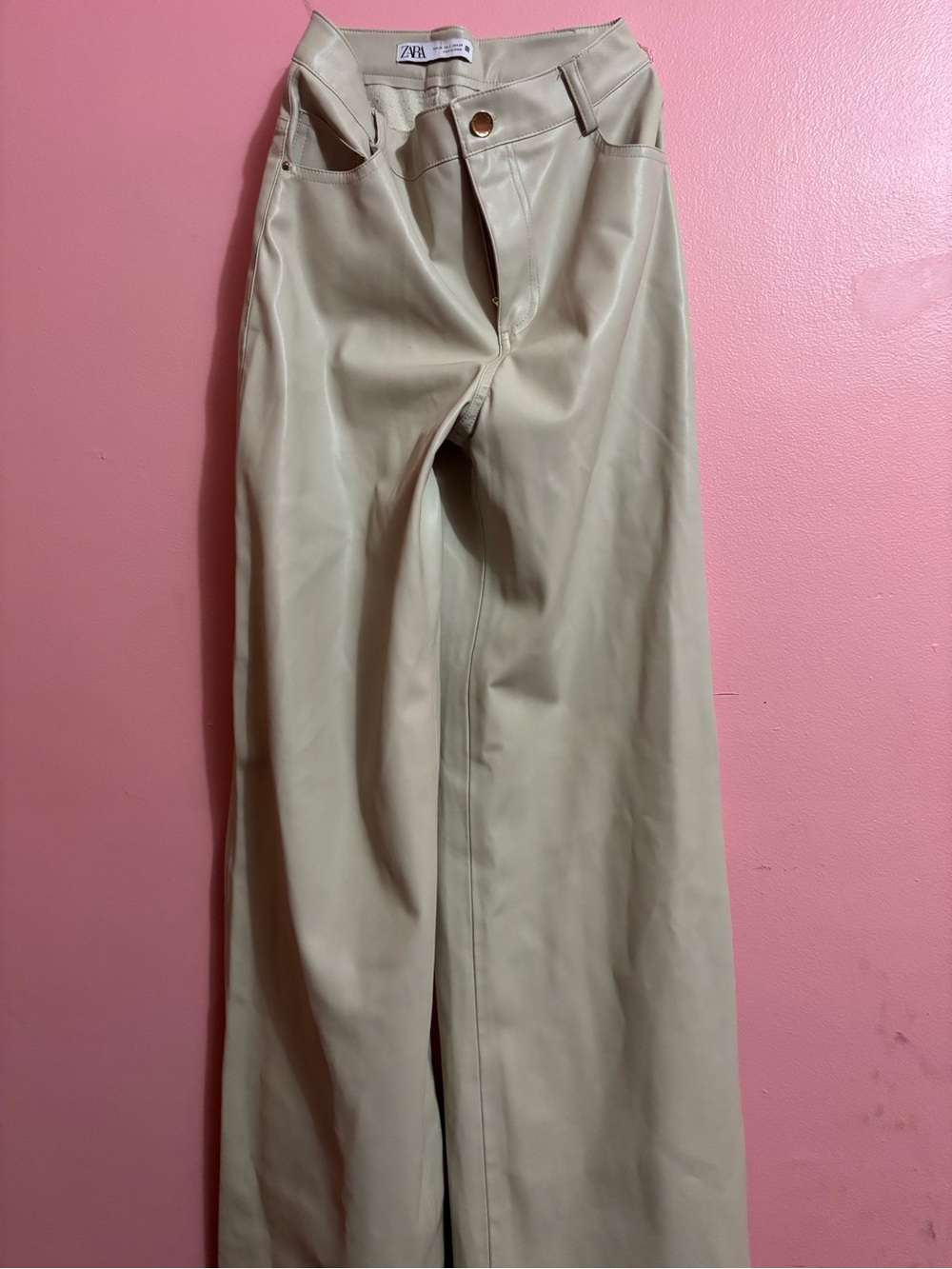 Zara Cream Faux-Leather Wide-Leg Trousers